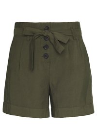 Pantaloni corti a vita alta di colore verde oliva con quattro bottoni neri e una cintura in tessuto coordinato annodata a fiocco in vita.