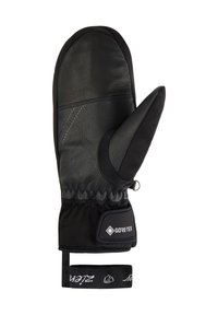 Schwarze Handschuhe mit einer Lederfläche und isolierendem Gewebe für Wärme. Enthält ein Gore-Tex-Label, einen elastischen Bund und einen verstellbaren Handgelenkgurt.