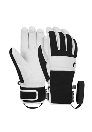 Zwart-witte winterhandschoenen met een leren palm, een zachte stoffen bovenkant, een verstelbare polsband en versterkte stiksels voor duurzaamheid.