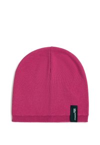 Ροζ πλεκτό καπέλο με μαλακή υφή, στρογγυλή κορυφή και ριπ κρόσο; διαθέτει μαύρη ετικέτα μάρκας στο πλάι.