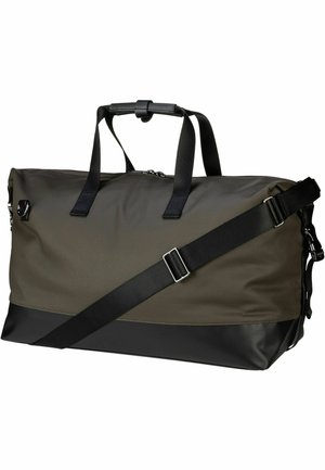 Borsa duffel verde oliva con accenti neri, realizzata in tessuto resistente. Caratterizzata da due manici, tracolla regolabile e chiusura con zip.