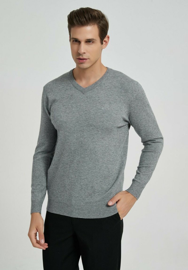 Pull gris à col en V en tissu tricoté doux, à manches longues et avec des poignets et un ourlet côtelés, porté sur un pantalon noir. Texture lisse avec un minimum de détails.