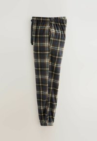 Schwarze und marineblaue Karohosen mit elastischem Bund und Kordelzug. Strukturierter Stoff mit weißen und gelben Linien, die Quadrate bilden.