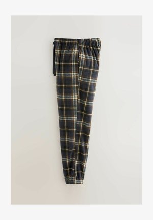 Pantaloni a quadri neri e blu con cintura elasticizzata e cordoncino. Tessuto testurizzato con linee bianche e gialle che formano quadrati.