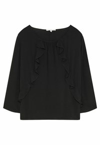 Blusa nera con scollatura ampia, maniche a tre quarti e dettagli arricciati verticali sul davanti. Tessuto liscio e vestibilità comoda.