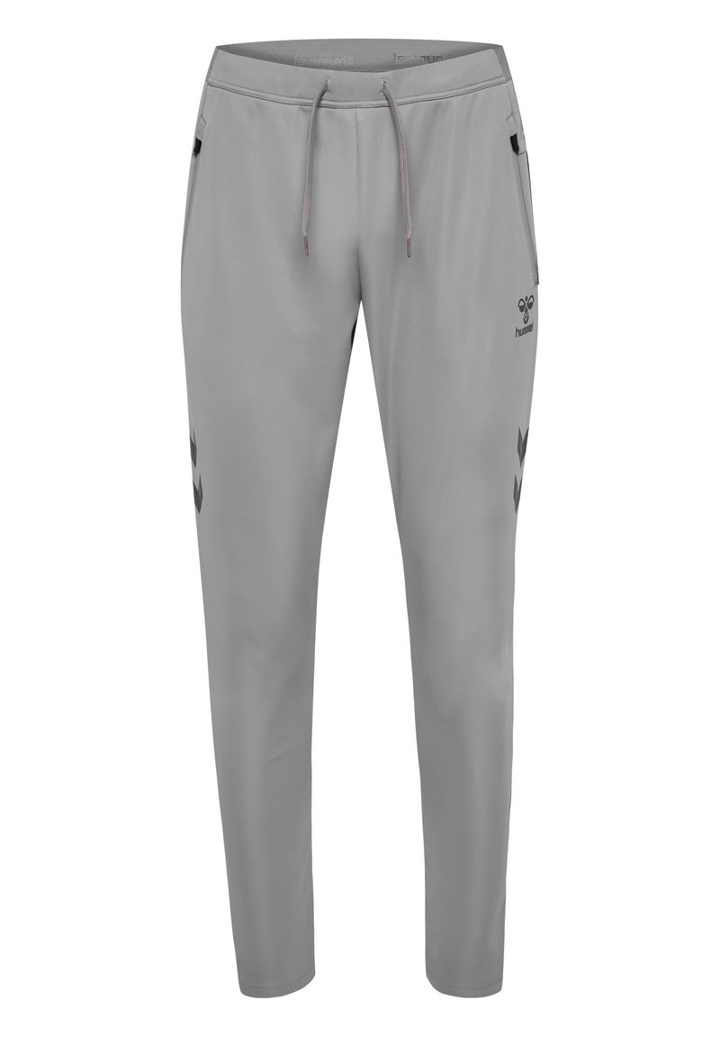 Graue Jogginghose mit schmalem Schnitt, ausgestattet mit einem Kordelzugbund, seitlichen Taschen und schwarzen Logos sowie Akzenten. Glattes, leichtes Material.