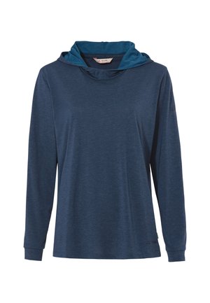 Langärmliges Hoodie-Shirt in Dunkelblau, aus weichem Stoff gefertigt. Verfügt über ein schichtetes Kapuzendesign und gerippte Bündchen. Akzente near dem Saum.
