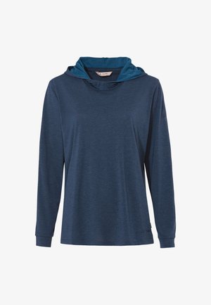 Langärmliges Hoodie-Shirt in Dunkelblau, aus weichem Stoff gefertigt. Verfügt über ein schichtetes Kapuzendesign und gerippte Bündchen. Akzente near dem Saum.