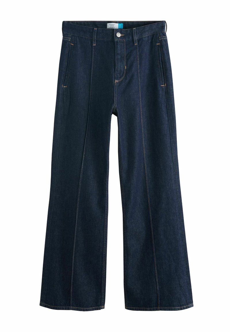 Jeans de mezclilla oscuros de pierna ancha con costuras naranjas contrastantes, que cuentan con dos bolsillos delanteros y una cintura normal.