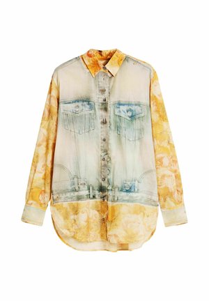 Pikad varrukad nööbitav särk kollaste lilleliste varrukatega ning esiküljel ja seljal trükitud sinise teksariidest jope disain.