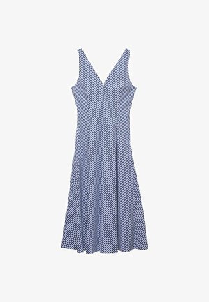 Pruhované šaty s V-výstrihom, úzkymi ramienkami a rozšírenou sukňou. Modré a biele diagonálne pruhy s hladkou textúrou látky.