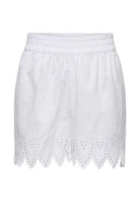 Weiße Baumwollshorts mit elastischem Bund, ausgestattet mit einem gewellten Saum und Ösenverzierungen entlang der unteren Kante.