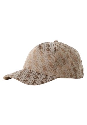 Beige baseballkasket med et subtilt geometrisk mønster af sammenflettede logoer, der dækker hele stoffet.