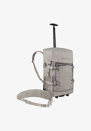 Grau textile Rucksack mit einem ausziehbaren Griff, verstellbaren Trägern, seitlichem Netzfach und abnehmbarem gepolstertem Hüftgurt. Leichtes Design.