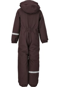 Donkerbruin winteroverall met een capuchon, elastische tailleband, elastische manchetten en reflecterende strips op de armen en benen.