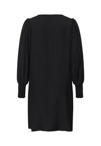 Sort langærmet kjole med puffede ærmer, rund halsudskæring og smockede manchetter, lavet af blødt, tekstureret stof.