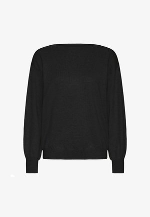 Black pullover sweater with a round neckline, dropped shoulders, and long sleeves. Made of a soft, textured fabric with ribbed cuffs and hem.