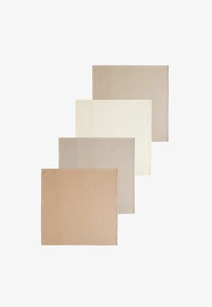 Set di quattro sottopiatti in diverse tonalità neutre: beige, grigio chiaro, crema e taupe. Tessuto morbido e strutturato con forma rettangolare.