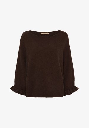 Brun striktrøje med en bred halsudskæring, ribstrikkede detaljer på ærmerne og en afslappet silhuet. Blød tekstur og let udvidede ærmer.