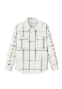Chemise à manches longues à boutons crème avec un motif à carreaux violet et gris, dotée de deux poches à rabat et d'un tissu texturé.