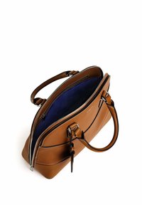 Borsa in pelle marrone con superficie testurizzata, doppi manici superiori, chiusura con zip argentata e un interno blu a contrasto.