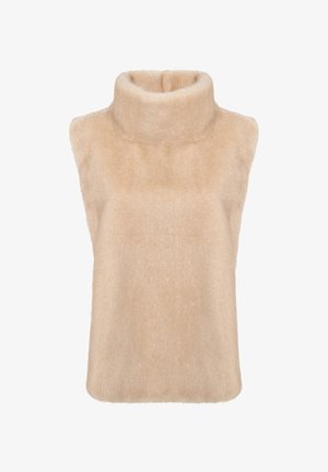 Béžový, bezrukávový rolák s měkkou, chlupatou texturou. Obsahuje vysoký límec a zaoblené okraje. Jednoduchý, minimalistický design.