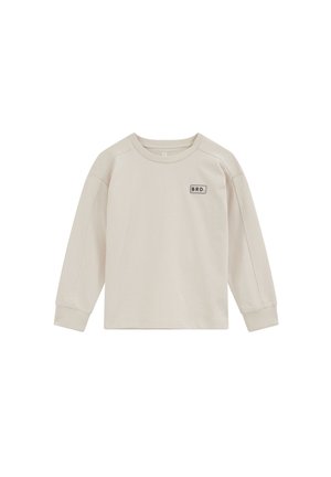 Lysebeige langærmet sweatshirt med ribkantet manchet og halsudskæring, lille sort og hvidt "BRD." logo på venstre bryst.