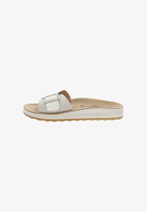 Sandalo beige tipo slide con cinturino largo regolabile e fibbia bianca, sottopiede imbottito, suola piatta con lieve battistrada per uso casual.