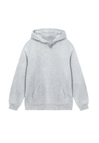 Hellgrauer Kapuzenpullover mit langen Ärmeln, vorderer Kängurutasche und Kordelzugkapuze auf einem weißen Hintergrund.