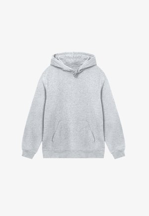 Hellgrauer Kapuzenpullover mit langen Ärmeln, vorderer Kängurutasche und Kordelzugkapuze auf einem weißen Hintergrund.