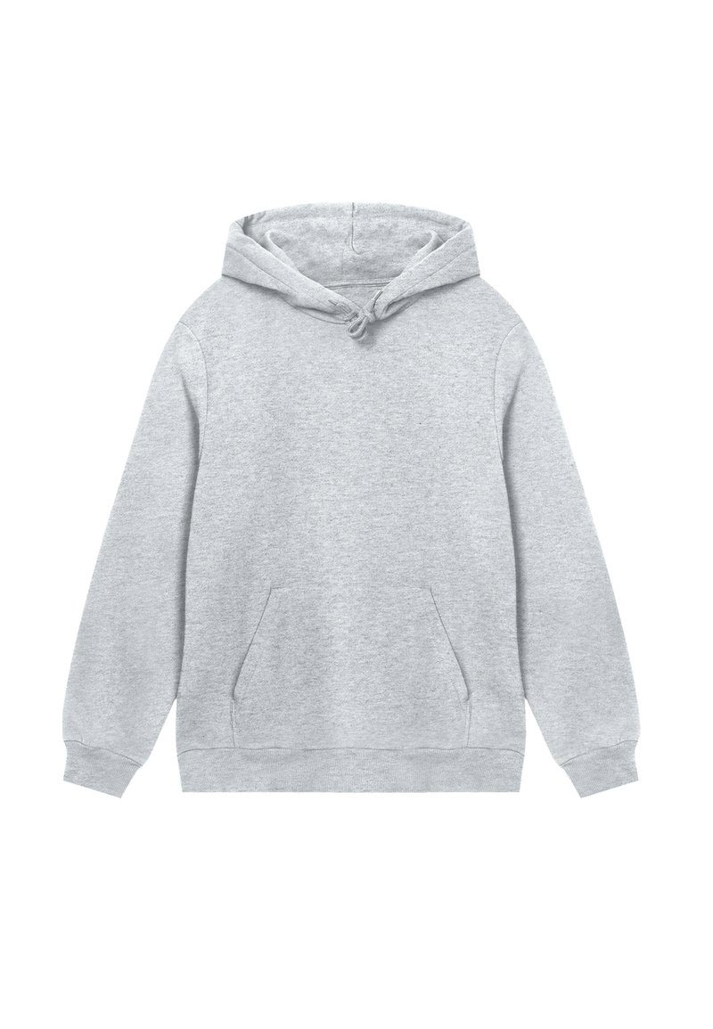 Hellgrauer Kapuzenpullover mit langen Ärmeln, vorderer Kängurutasche und Kordelzugkapuze auf einem weißen Hintergrund.