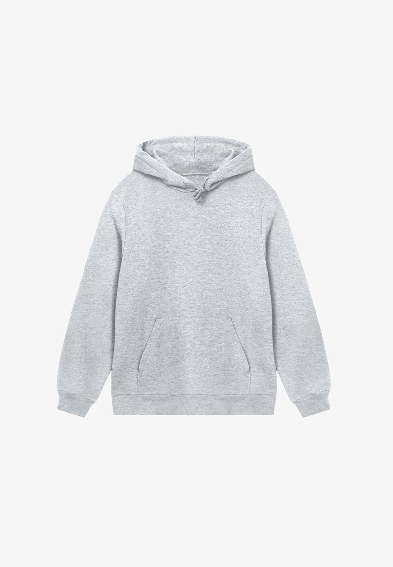 Hellgrauer Kapuzenpullover mit langen Ärmeln, vorderer Kängurutasche und Kordelzugkapuze auf einem weißen Hintergrund.