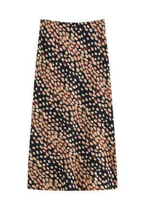 Zwarte rok met een stippenpatroon in tinten beige, crème en dieprood. Gemaakt van een soepele stof; knielange ontwerp.