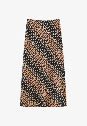 Zwarte rok met een stippenpatroon in tinten beige, crème en dieprood. Gemaakt van een soepele stof; knielange ontwerp.