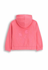 Różowa bluza z kapturem o miękkiej fakturze, z grafiką w postaci twarzy jednorożca w jasnoróżowym kolorze oraz regulowanym kapturem; elastyczne mankiety i dół.
