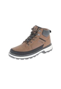 Brown leather ankle boots featuring a gray textured collar, reinforced eyelets, and a white and black lug sole. Accented with a side logo.