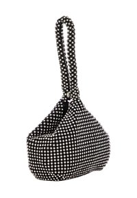 Borsa nera a forma arrotondata, decorata con borchie metalliche, dotata di una tracolla strutturata e chiusura con zip. Design compatto e accattivante.