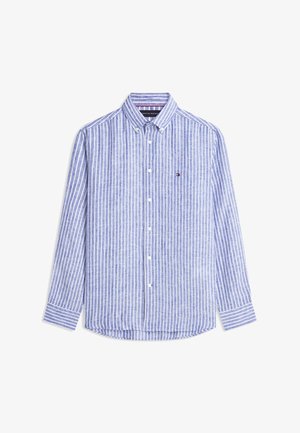 Langärmliges Hemd mit blauen und weißen vertikalen Streifen, Knöpfen, Kragen und kleinem gesticktem Logo auf der Brust.