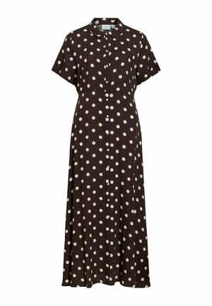 Robe midi marron foncé à manches courtes avec des pois blancs, boutonnée sur le devant et col classique.