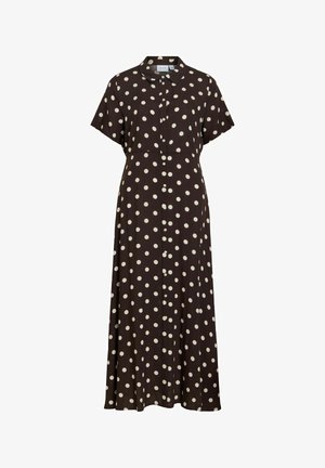 Rochie midi maro închis cu mâneci scurte, buline albe, nasturi în față și guler clasic.