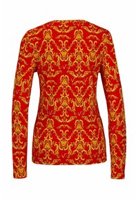 Langärmliges rotes Oberteil mit einem detaillierten gelben ornamentalen Muster. Rundhalsausschnitt mit einer taillierten Silhouette und glatter Stoffoberfläche.