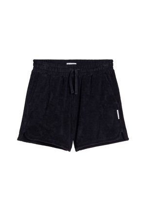 Schwarze Frottee-Shorts mit elastischem Bund, Kordelzug, Seitentaschen und kleinem weißem Markenetikett auf der linken Seite.