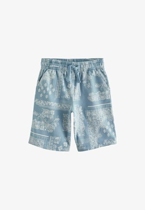 Lichtblauwe shorts met een witte paisleyprint, elastische tailleband, koord en zijzakken. Gemaakt van zacht materiaal, knielang ontwerp.