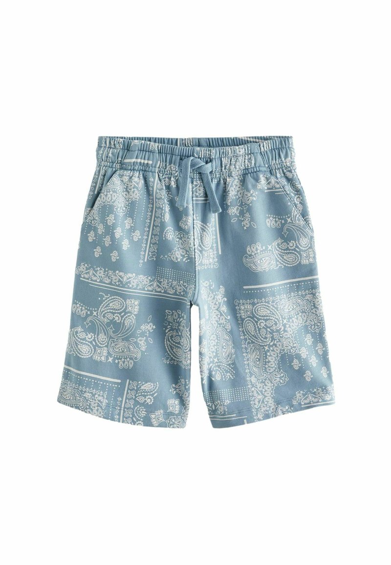 Hellblaue Shorts mit einem weißen Paisleymuster, elastischem Bund, Kordelzug und Seitentaschen. Aus weichem Stoff gefertigt, knielange Ausführung.