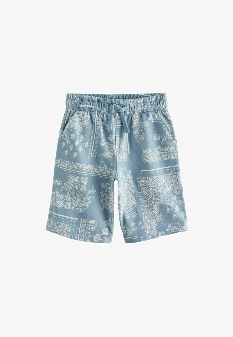 Hellblaue Shorts mit einem weißen Paisleymuster, elastischem Bund, Kordelzug und Seitentaschen. Aus weichem Stoff gefertigt, knielange Ausführung.