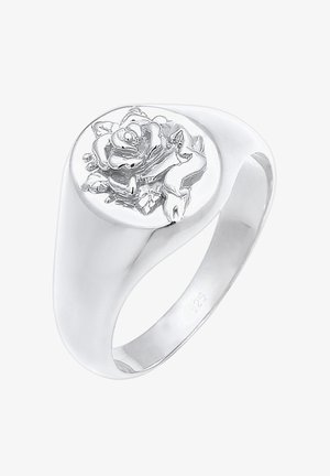Silver ring featuring a raised rose design on a rounded top, smooth band, marked with "925" on the inner side, indicating sterling silver.