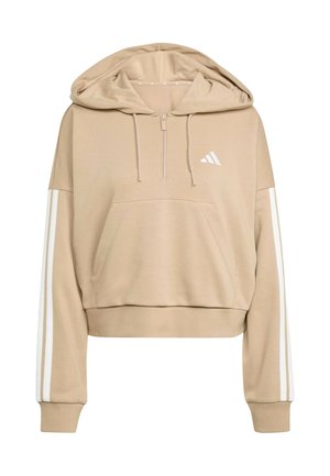 Felpa beige corta con cappuccio, tasca a marsupio frontale, mezza cerniera, triple strisce bianche sulle maniche e piccolo logo bianco sul petto.