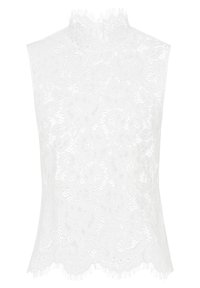 Haut sans manches en dentelle blanche avec un col froncé haut. Présente des motifs floraux et un ourlet en dents de scie. Tissu léger et texturé.