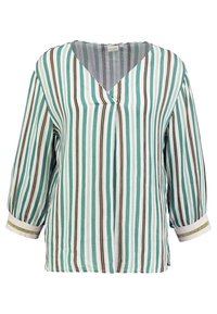 Blusa a righe con scollatura a V, maniche a tre quarti e righe verticali verdi, bianche e marroni. Tessuto morbido e leggero con una leggera lucentezza.