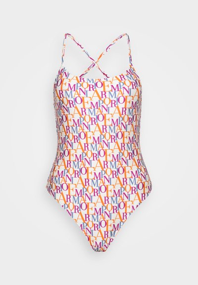 One-piece swimsuit with multicolored text pattern featuring the word "Emporio" in varying fonts. Adjustable crisscross straps, solid white background.